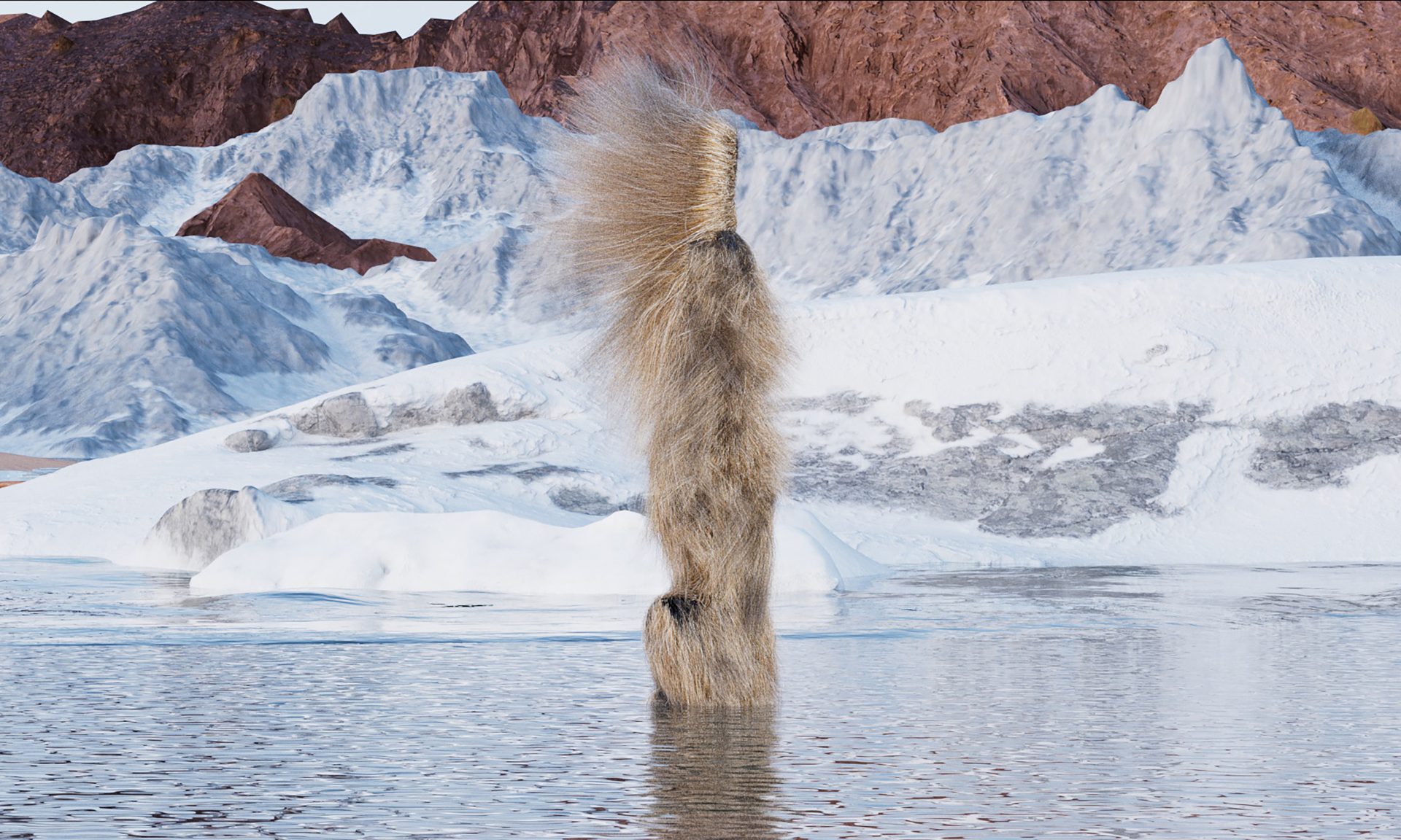 Ein rötlicher Felsen mit Eisformationen im Hintergrund und reflektierendem Wasser im Vordergrund.