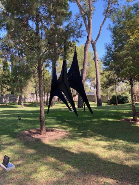Moderne schwarze Skulptur im Freien, umgeben von Bäumen und Wiese, vor klarem blauen Himmel.